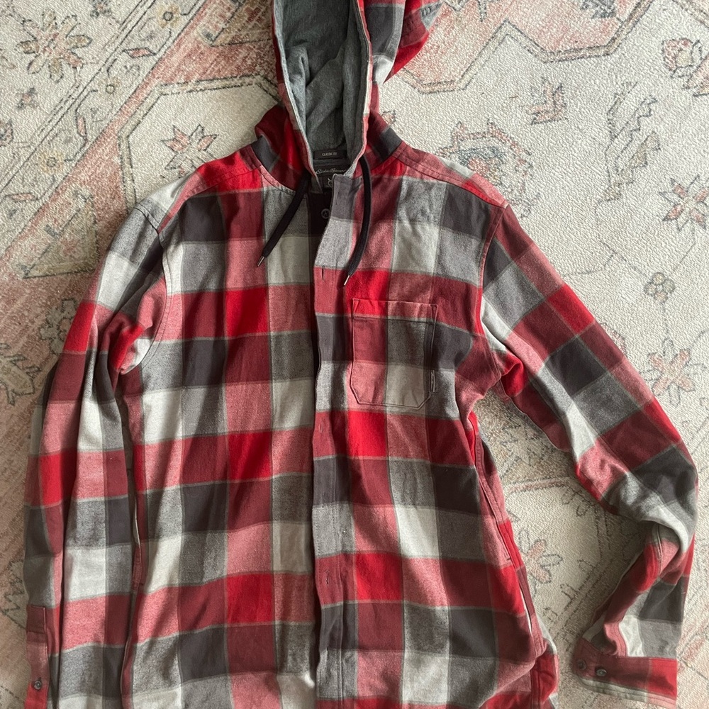 Red and Gray Plaid Hooded Shirt